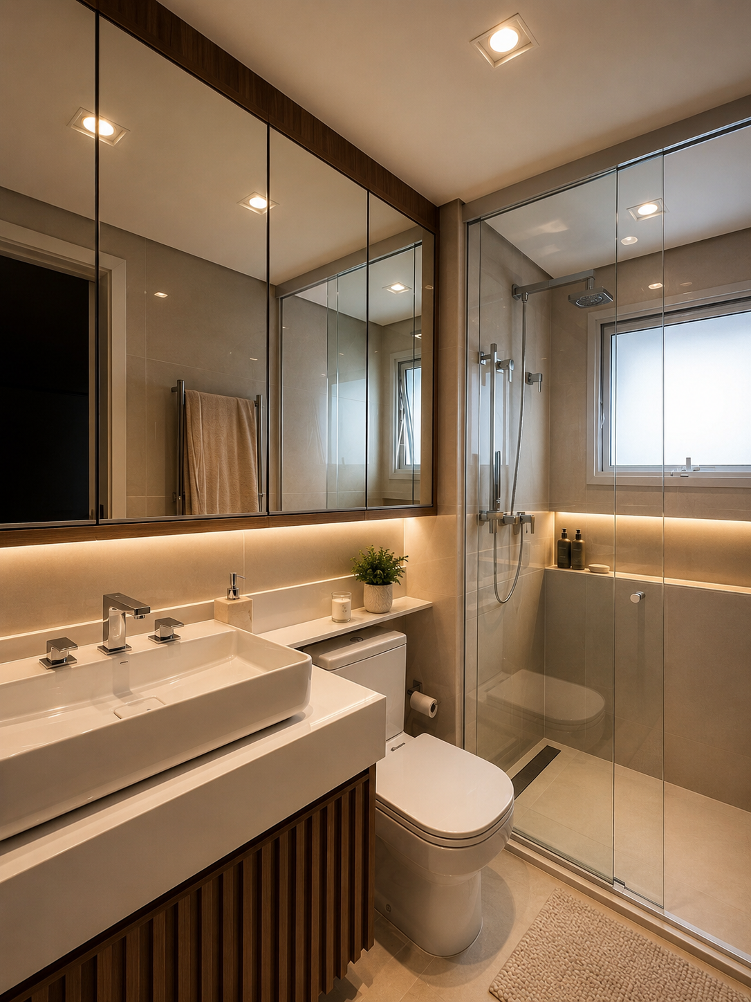 Banheiro com box de vidro e vanity de madeira — reforma residencial São Paulo